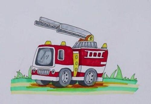 带颜色消防车简笔画怎么画消防车简笔画步骤简单又漂亮教程