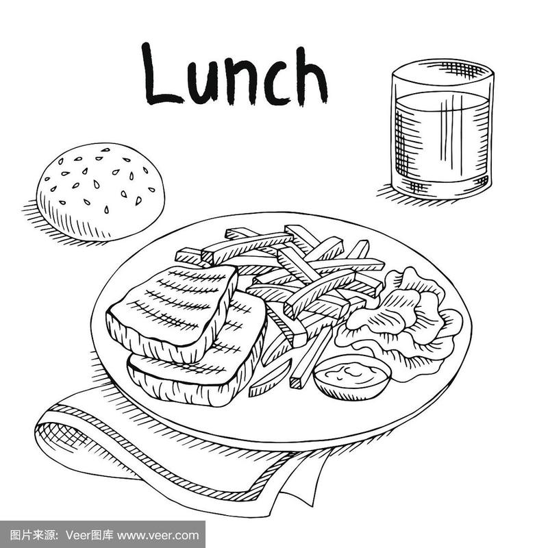 午餐食物肉牛排薯条沙拉图形素描向量