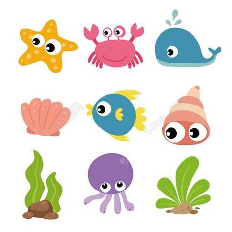 海洋动物简笔画彩色可爱卡通