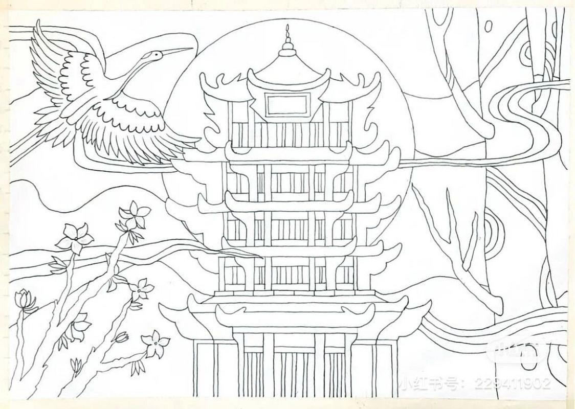 诗配画之黄鹤楼(附线稿) 临摹自 (韩韩)线稿在最后一张颜料用的水粉