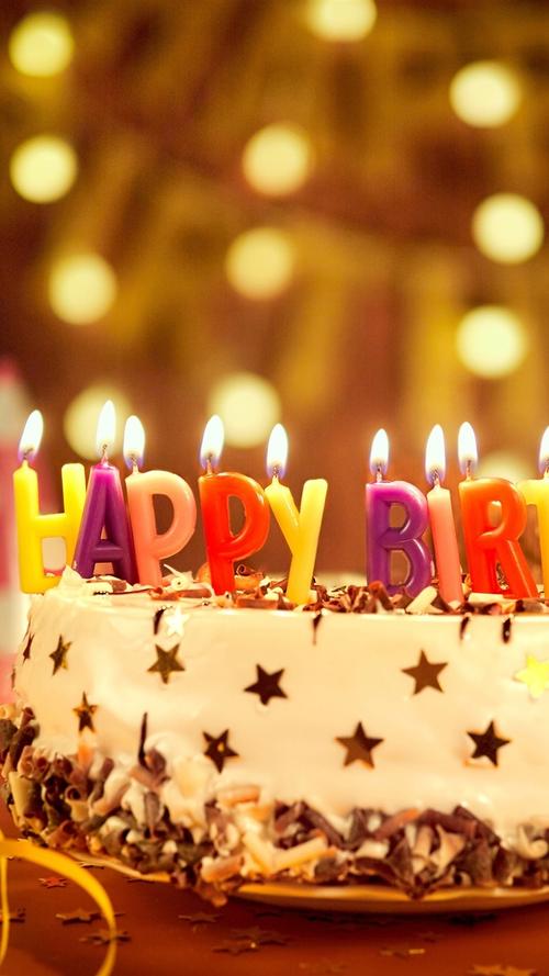 生日快乐蛋糕,五颜六色的蜡烛,丝带 4k