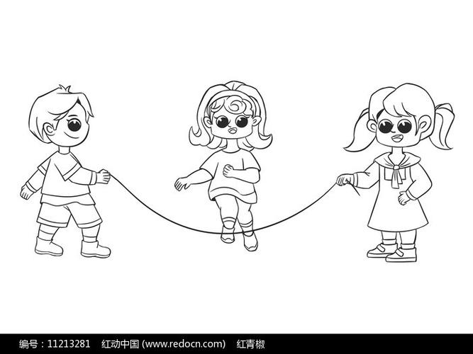 手绘人物卡通三个小朋友跳绳的场景线稿图片_人物插画_编号11213281