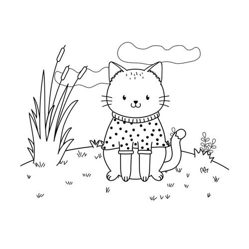 手绘风格穿着衣服坐在地上的宠物猫猫咪简笔画图片免抠素材