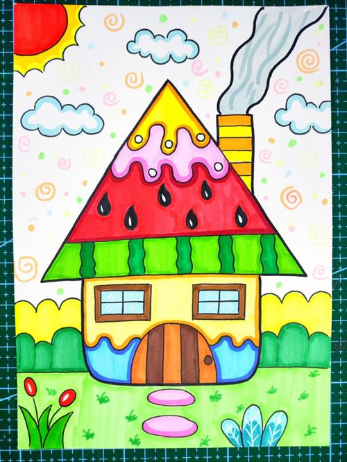 马克笔儿童画西瓜房子