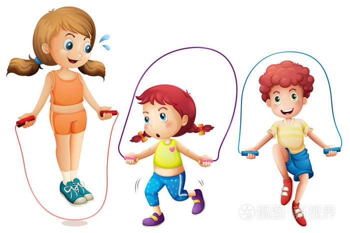 三个孩子跳绳白色背景上插画-正版商用图片0dci40-摄图新视界