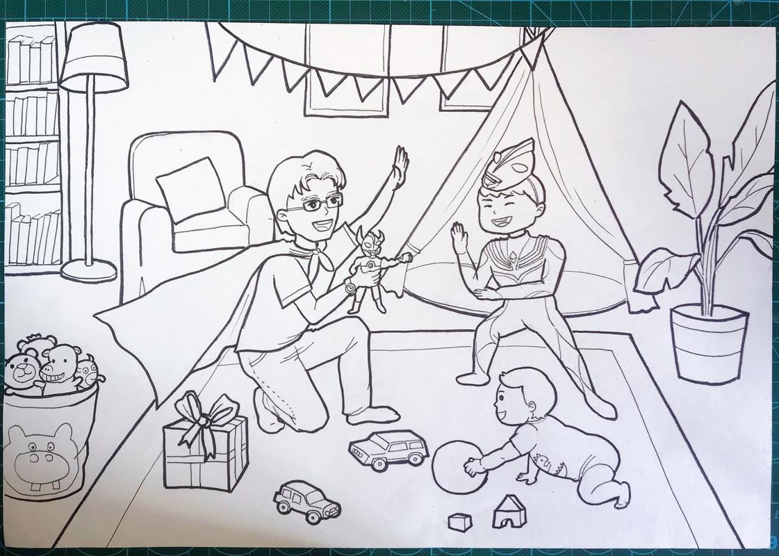 父亲节主题绘画 用画笔记录爸爸陪伴孩子做游戏的快乐时光.
