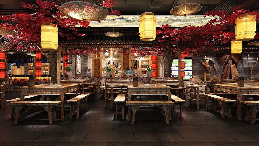 百味记中式主题火锅店之大厅吊顶设计效果图
