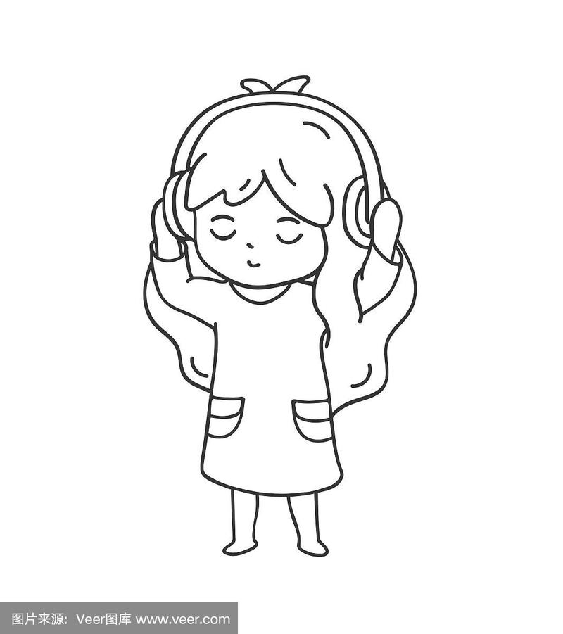 小女孩戴着耳机听音乐.