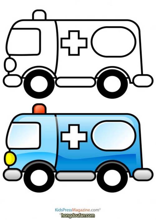 手绘一辆蓝色的救护车卡通救护车儿童简笔画大全