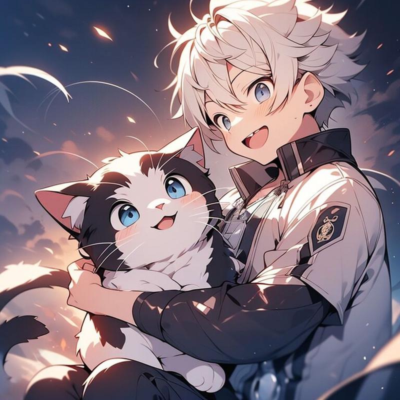 猫咪与男孩丨卡通头像 白发男孩与可爱的猫咪 	 ai咒语 动漫男孩抱着