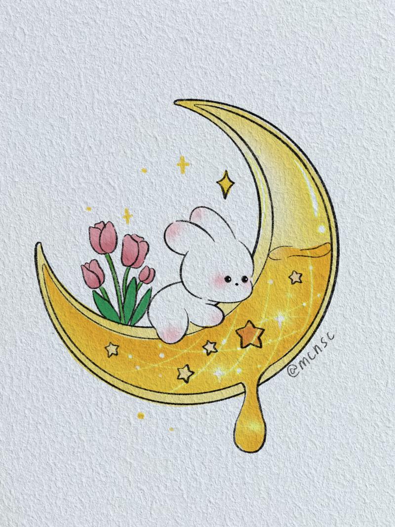 月亮和小兔子92/治愈系简笔画教程 月亮被小兔子可爱化了 临摹