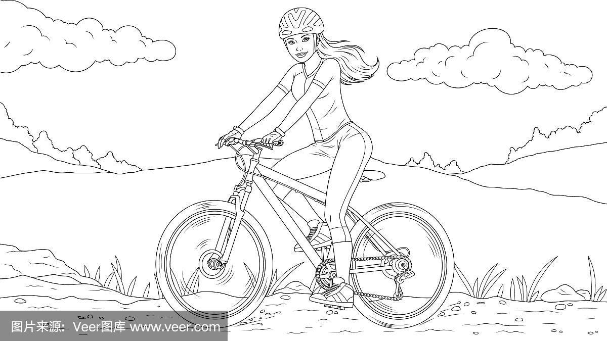 美丽的女孩骑着自行车着色书