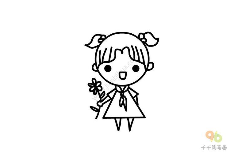 创意圆形简笔画送花的小女孩女孩简笔画