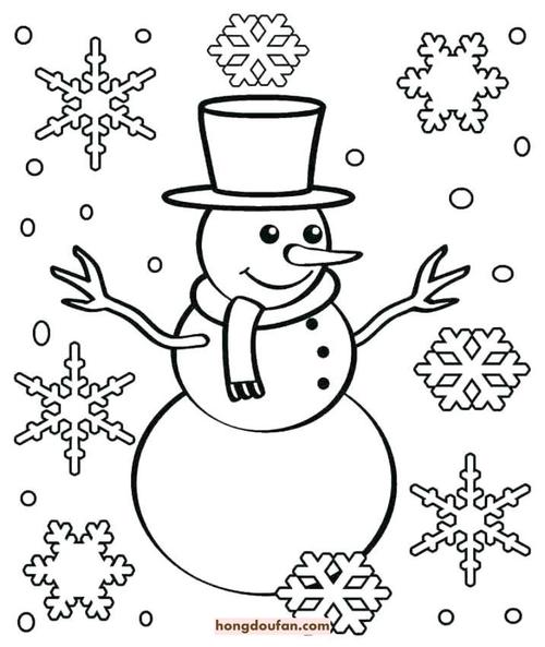 冬天的可爱雪花雪人涂色图片打印下载 | 红豆饭小学生简笔画大全