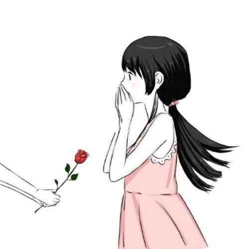 情侣头像动漫一个男孩拿着一朵玫瑰花对面一个女孩用手捂着嘴这张