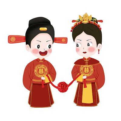 手绘插画中国传统古代结婚新娘新郎红色q版喜庆新人png元素婚礼元素
