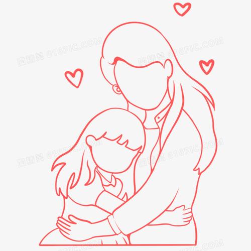 手绘线稿线条母亲抱女儿免抠元素