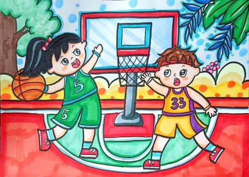 我爱运动篮球校园喜爱儿童画手抄报模板电子小学生简笔画绘画创意