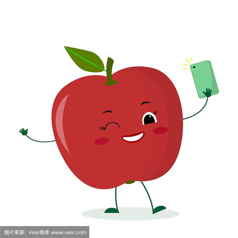 可爱的红苹果卡通人物拿着智能手机自拍.矢量插图,平面风格