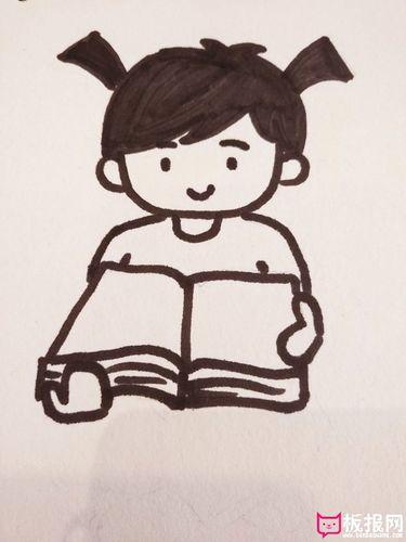 一个小孩坐在书上看书简笔画