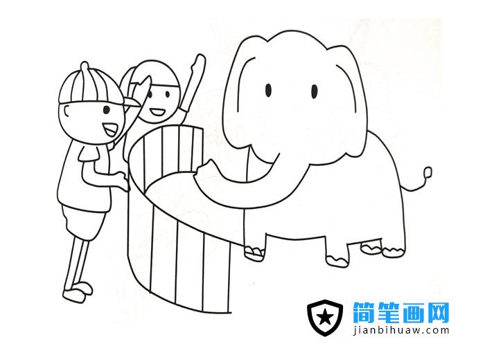 小朋友们在动物园观看大象的简笔画图片