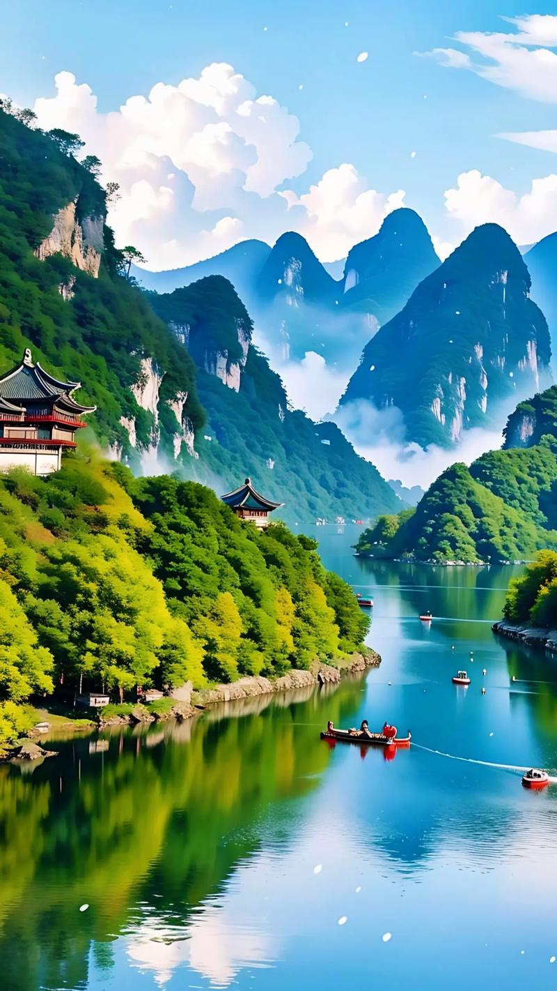 人间仙境世外桃源江南小镇,春天的桂林山水美景,青山绿水,红色的