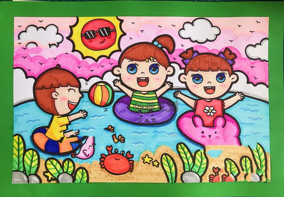 夏天海边主题儿童画/幼儿园玩水简笔画                临摹