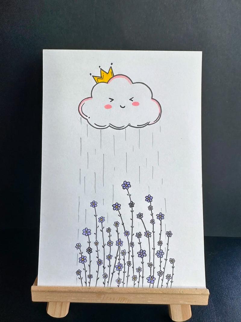 可爱的云朵简笔画.天空为什么会下雨,因为地上的小花要洗澡澡# - 抖音