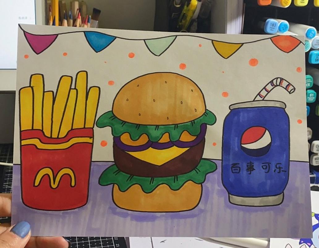 汉堡薯条93儿童画 百事可乐 简笔画