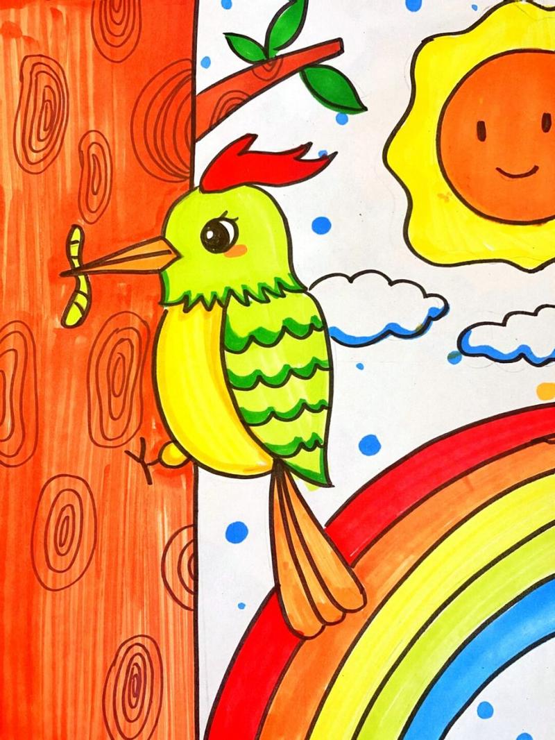 啄木鸟儿童画 #卡通画# #马克笔# #儿童画# #啄木鸟简笔画