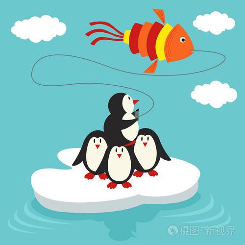 企鹅在浮冰上的推出以鱼的形式放风筝
