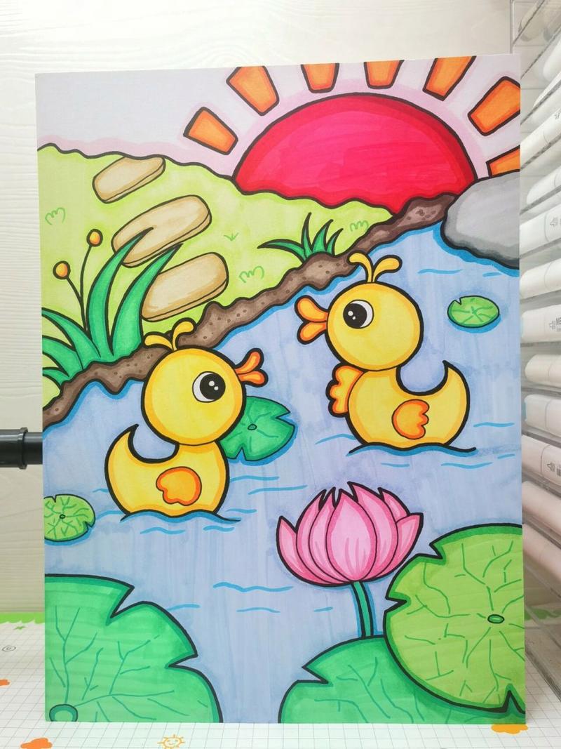 小鸭子游泳春天儿童画场景画简笔画