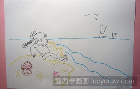 这样海滩捡贝壳的小女孩彩色简笔画就画好了如下图所示