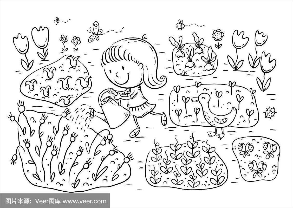 孩子们在花园里浇花和蔬菜