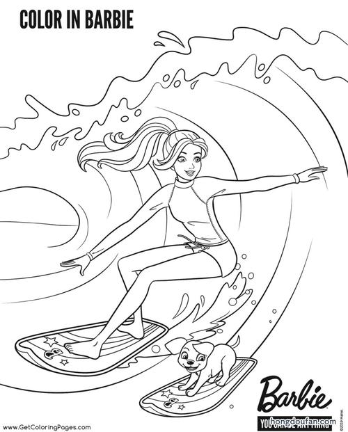 假期冲浪的芭比公主涂色填色图片大全-红豆饭小学生简笔画大全