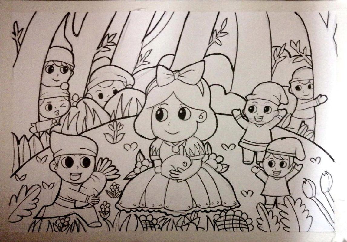 白雪公主和七个小矮人儿童画 临摹自(儿童画) 儿童画成长的过程必须要