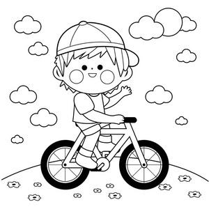 男孩在公园骑自行车.黑白着色书页照片