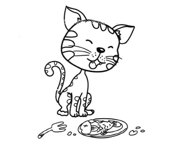 小猫吃鱼的简笔画大全