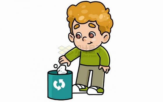 卡通男孩把垃圾扔进垃圾桶中儿童插画png图片免抠矢量素材