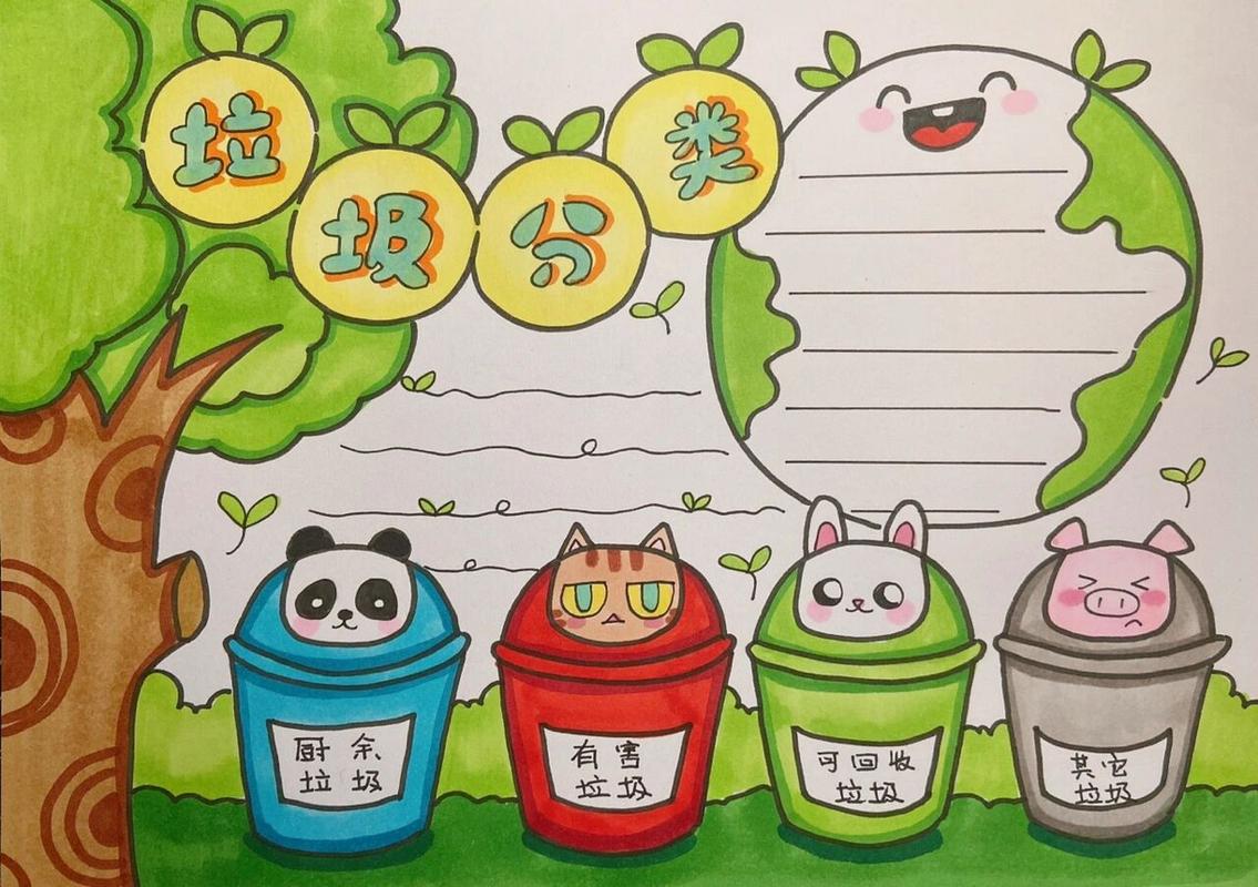 垃圾分类儿童画手抄报简笔画绿色环保主题 临摹作品