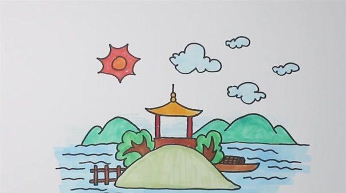 迎泽公园简笔画简单又漂亮，小学生汾河公园简笔画图文